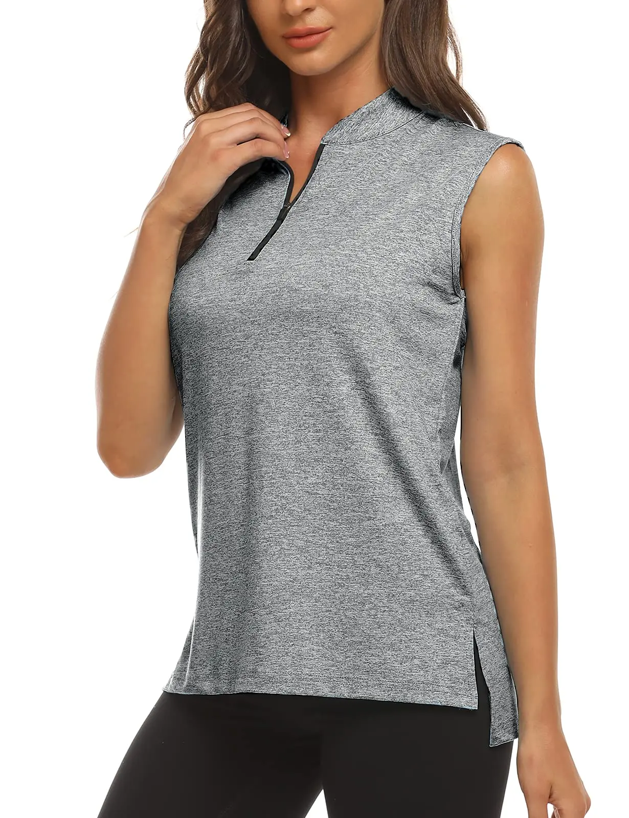 Womens Sleeveless Collarless Golf Polo Shirts Quick Dry Zip Up Athletic Tank Tops